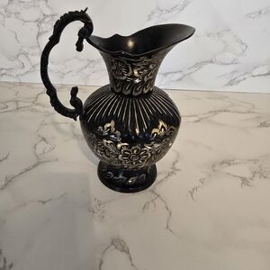Vintage Excellent Condition Black and Gold Etched Brass Pitcher - Made in India